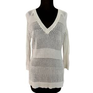 Cache White Peek-a-boo Crochet Stretch Knit V Neck Banded Bottom Open Back Top